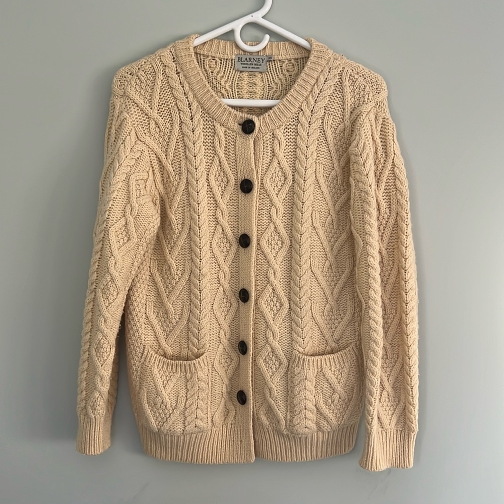 Women’s Aran Fisherman Cardigan Sweater Blarney Woolen Mills Ireland XS